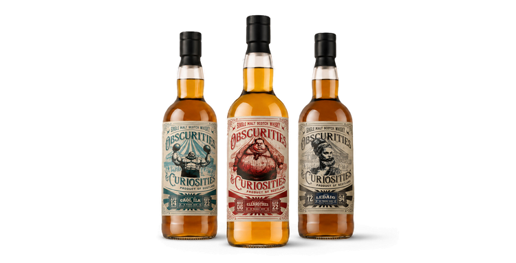 A bottle of Absurdities Curiosities 98 Proof Malt Scotch Whisky on a white background with a dramatic warm glow and shadow.